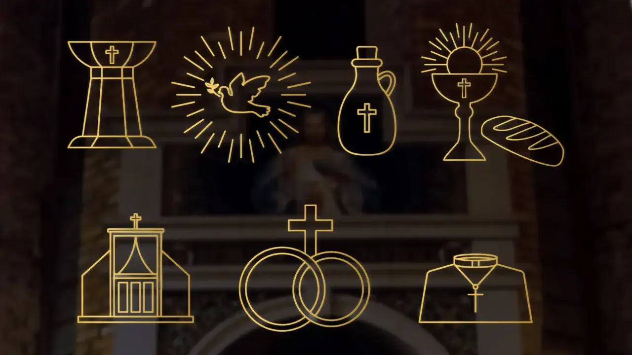 Złote symbole religijne: chrzcielnica, gołębica, ampułka, kielich z hostią i chlebem, kościół, obrączki, szata kapłańska. Ilustrują chrześcijaństwo a katolicyzm.