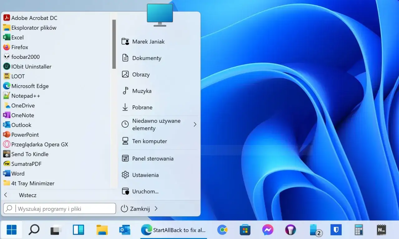 Menu Start systemu Windows 11. Widoczny jest 