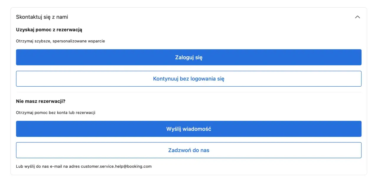 Formularz kontaktowy. Możesz zalogować się, kontynuować bez logowania lub wysłać wiadomość, jeśli masz problem z rezerwacją lub reklamacją.