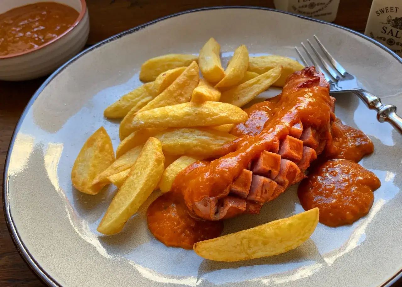 Leckere Currywurst mit Pommes Frites, ein klassisches Currywurst Rezept, serviert auf einem Teller mit Gabel.