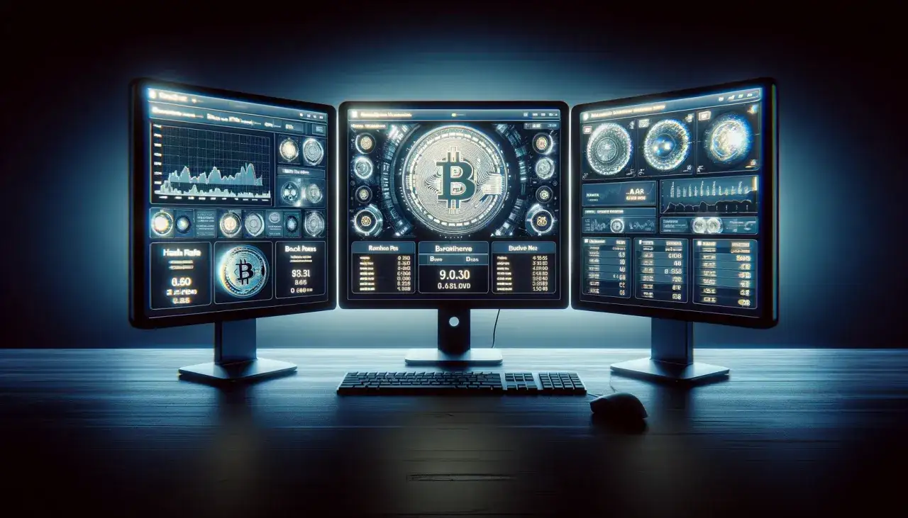 Trzy monitory wyświetlają zaawansowany program do kopania kryptowalut, z wykresem hashrate i danymi o Bitcoinie.