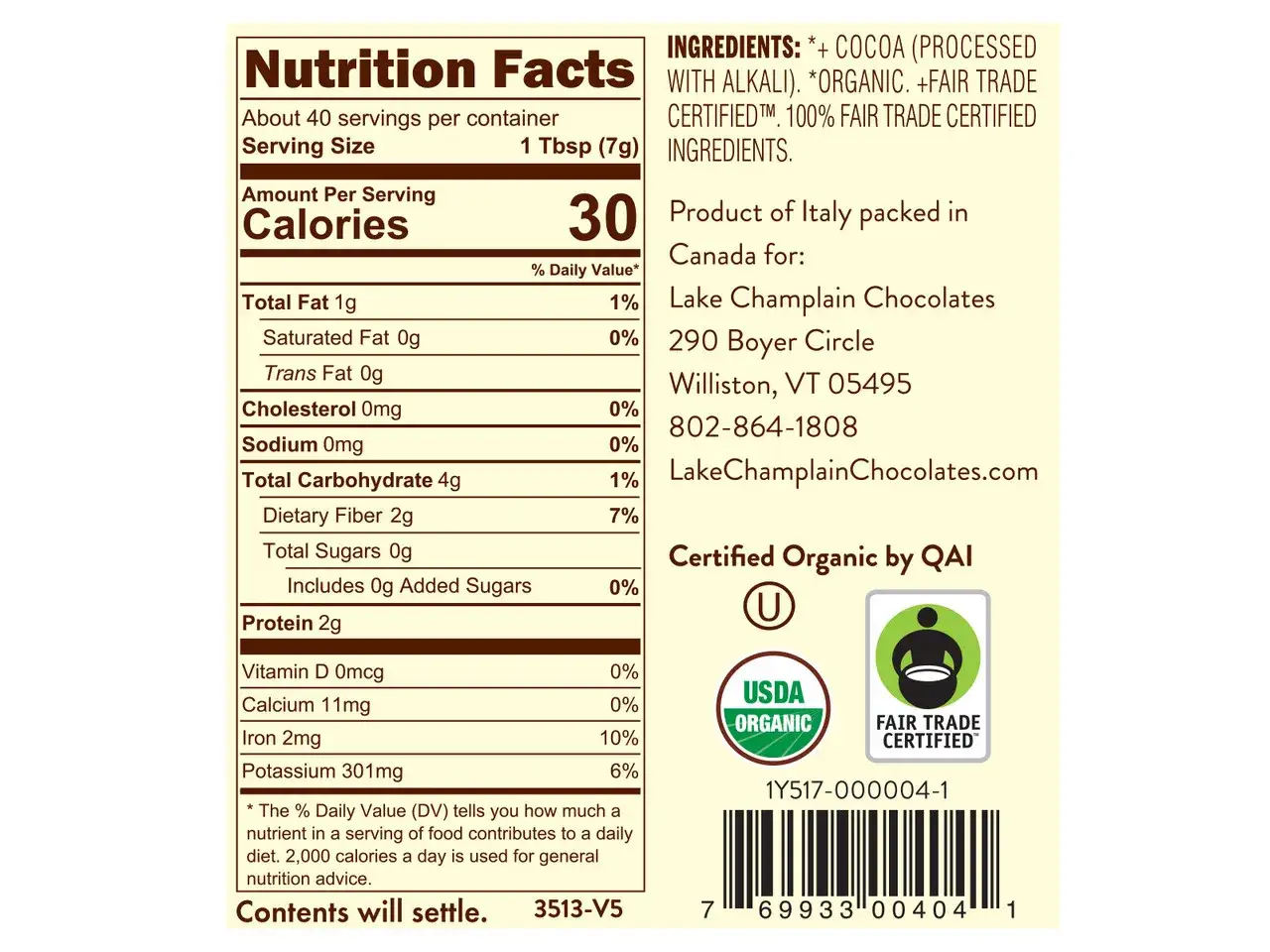 Etichetta nutrizionale per cacao amaro in polvere, con indicazioni su calorie, grassi, carboidrati e proteine. Le proprietà del cacao amaro sono evidenziate.