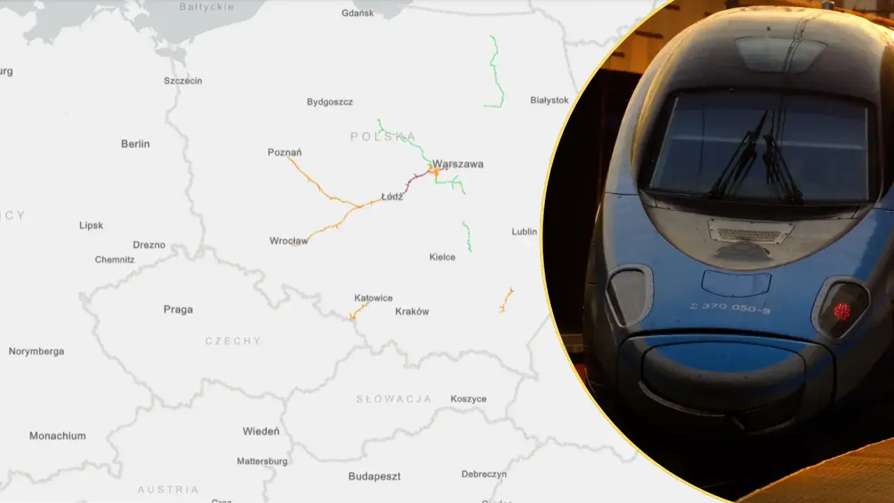 Mapa Polski z zaznaczonymi gł&oacute;wnymi lotniskami, dworcami kolejowymi i autostradami