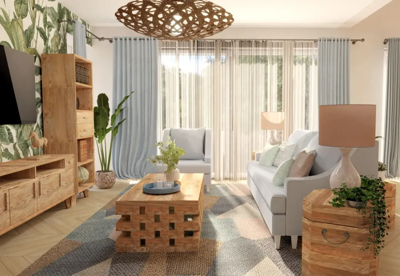 Jasny salon w stylu skandic hus z drewnianymi meblami, roślinami i pastelowymi dodatkami.