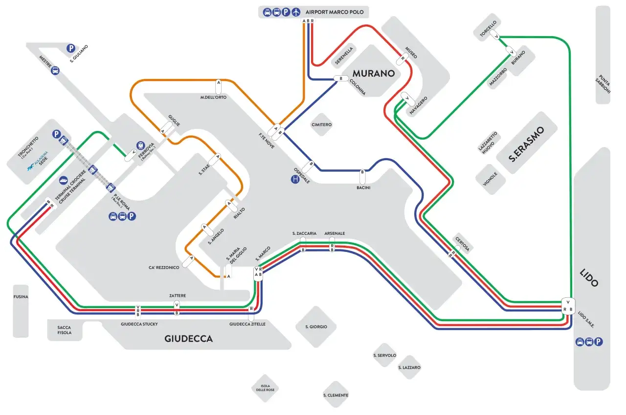 Mapa de rutas de vaporetto en Venecia, mostrando paradas como Murano, Lido y S. Erasmo.
