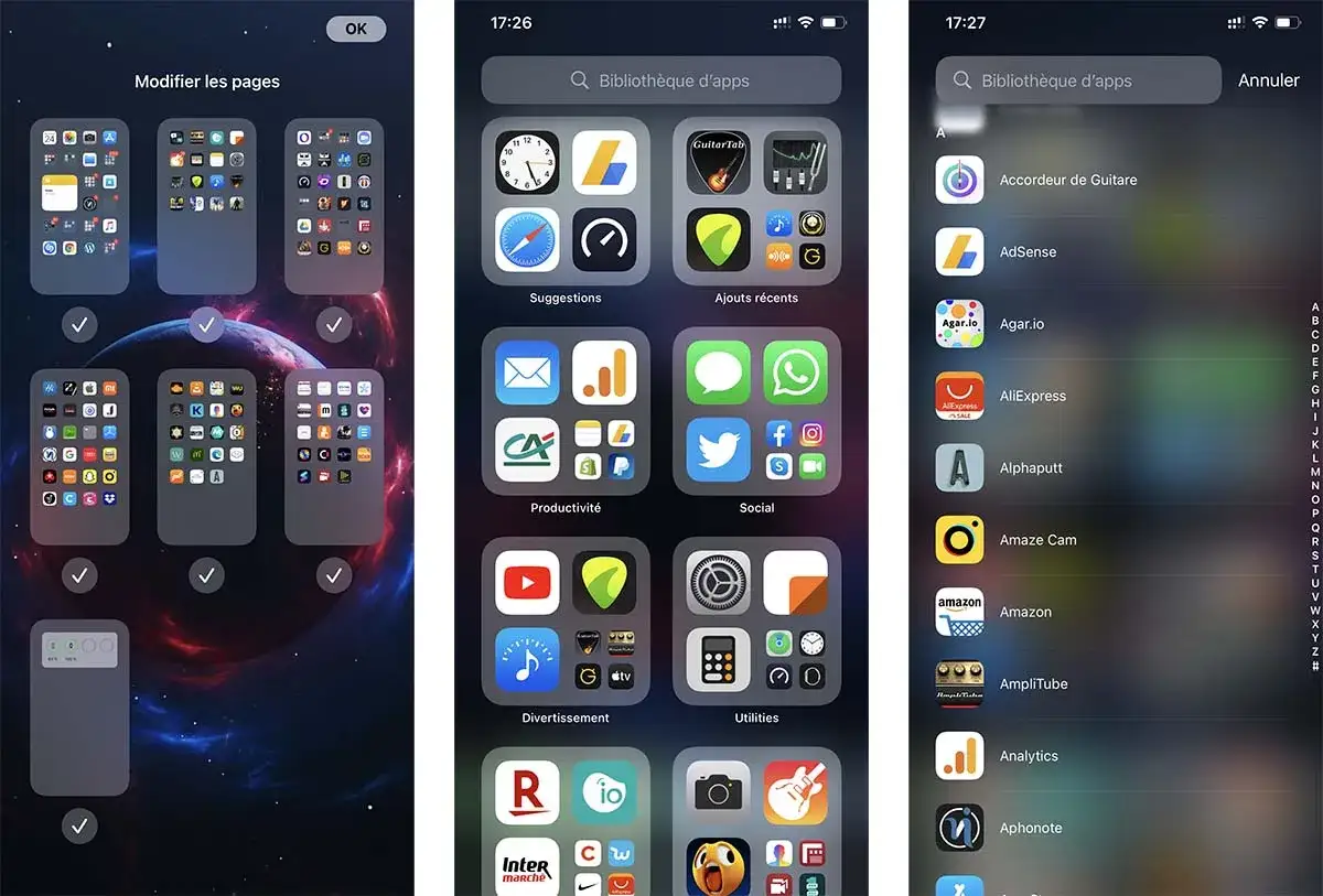 Interface iPhone pour ranger ses applications. Les &eacute;crans montrent la gestion des pages d'applications, la biblioth&egrave;que d'apps et des suggestions.