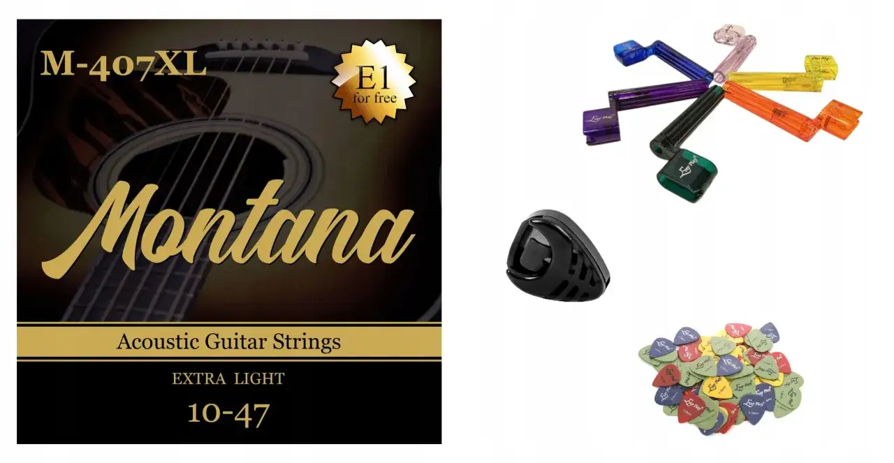 Zestaw akcesoriów gitarowych: struny Montana M-407XL Extra Light 10-47, kostki i nakładki na struny. Sprawdź, ile kosztują struny do gitary!