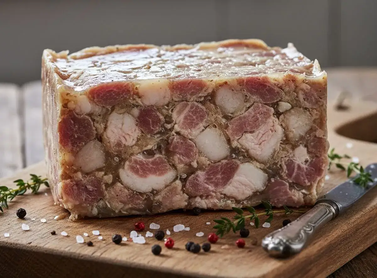 Un bloc de tête de porc, prêt à être dégusté. Une recette traditionnelle pour un plat savoureux.