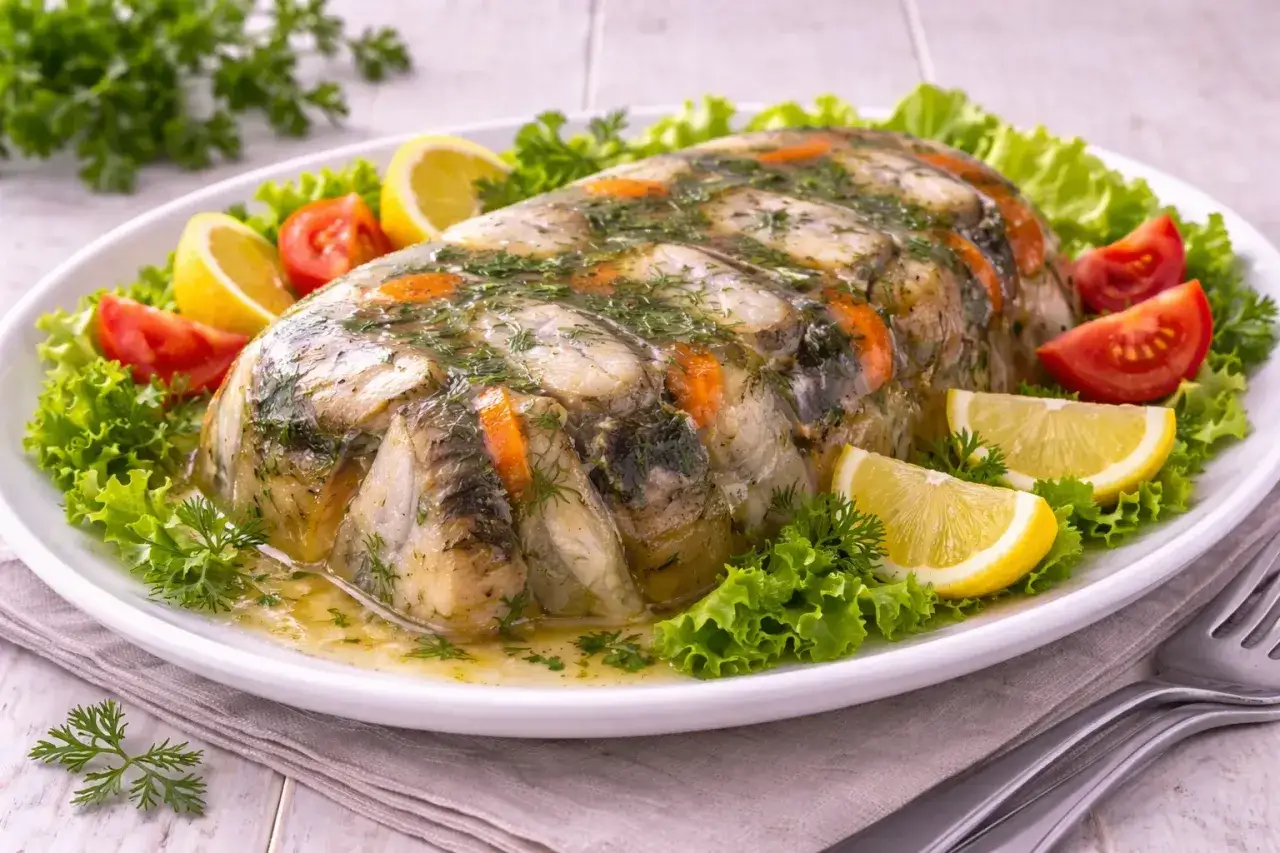 Ein festlich angerichteter Aal in Aspik, garniert mit Zitrone, Tomaten und Salat.