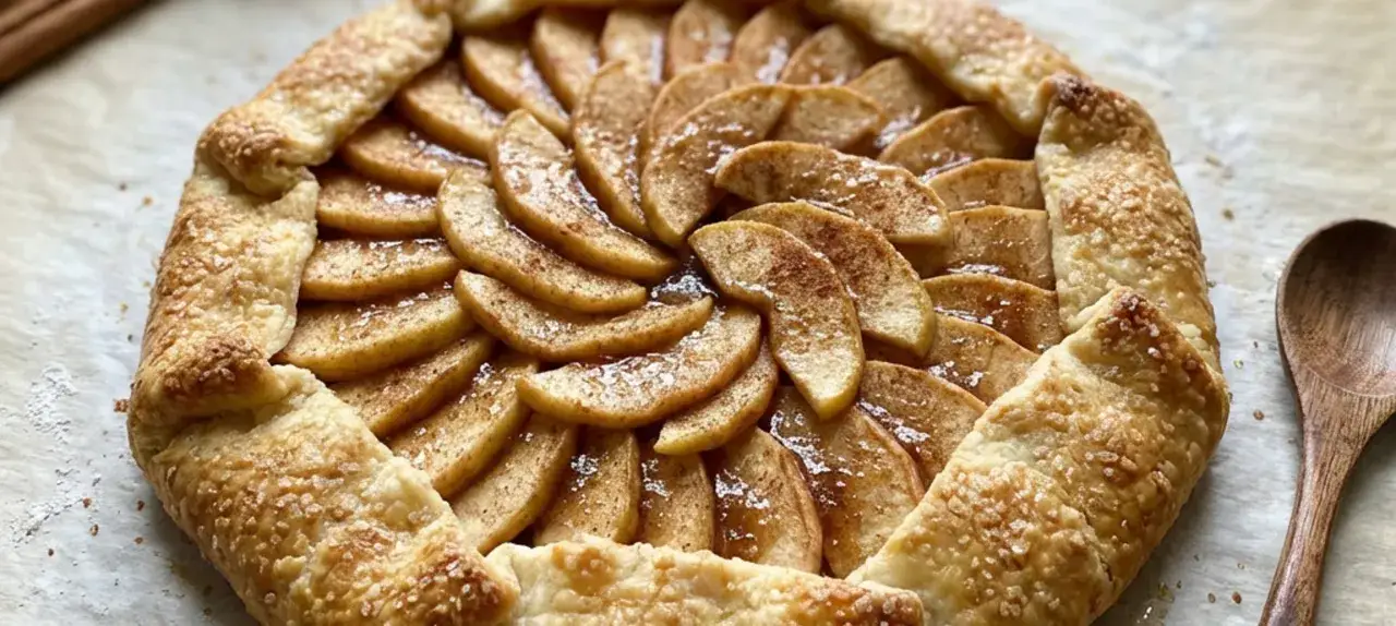 Goldbraune Apfeltarte mit Zimt und Zucker, perfekt für ein einfaches Apfeltarte Rezept. Ein Holzkochlöffel liegt daneben.