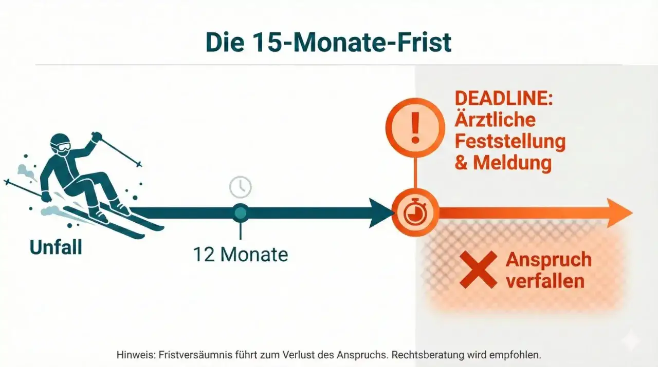 Schema zur 15-Monate-Frist nach einem Unfall. Nach 12 Monaten ärztliche Feststellung & Meldung nötig, sonst verfällt der Anspruch auf Schmerzensgeld.