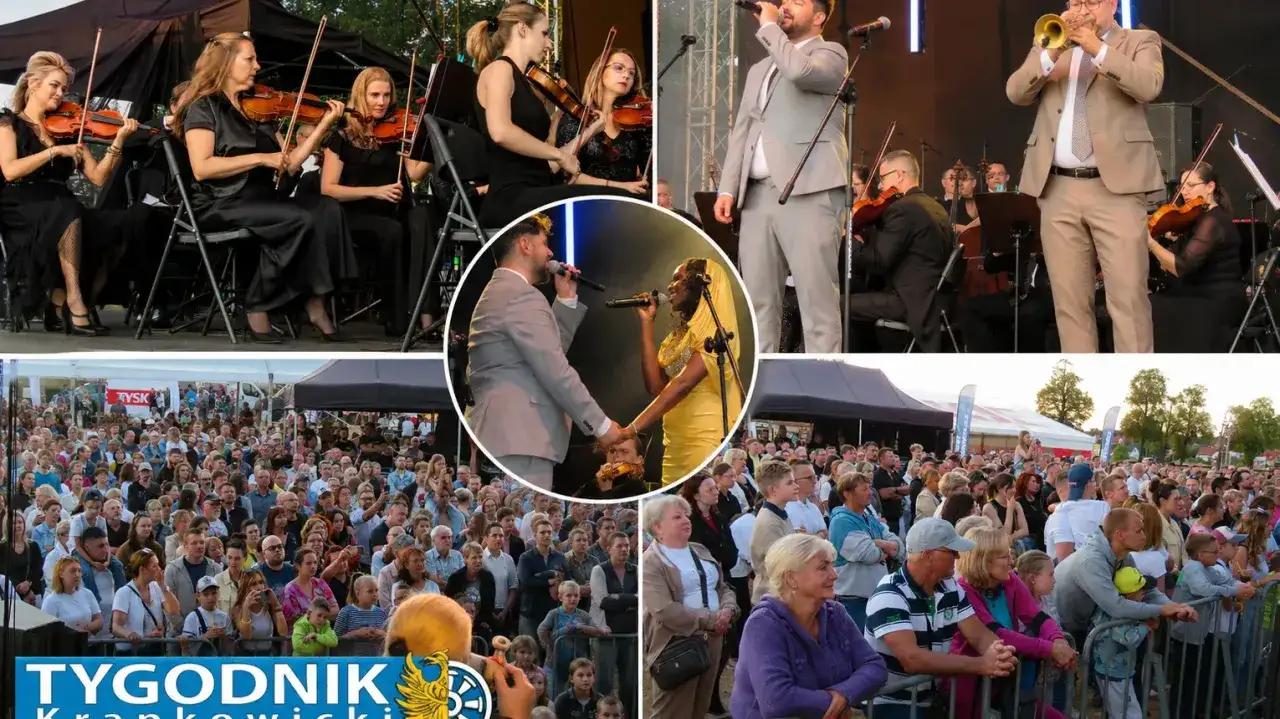 Koncert plenerowy z orkiestrą i wokalistami, grający piosenki, które każdy zna. Tłum ludzi bawi się na świeżym powietrzu.