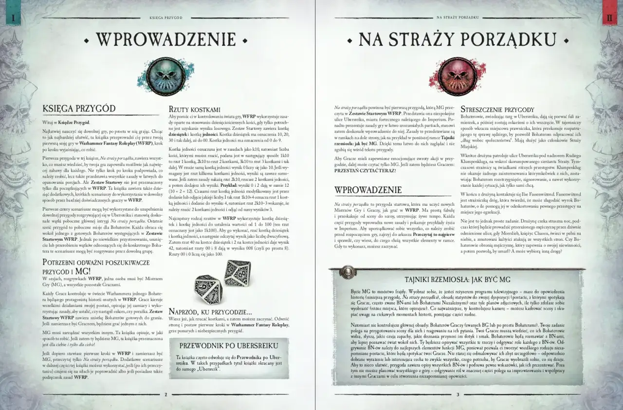 Warhammer zestaw startowy: podręcznik do gry, kości i karty postaci. Idealny dla początkujących graczy.