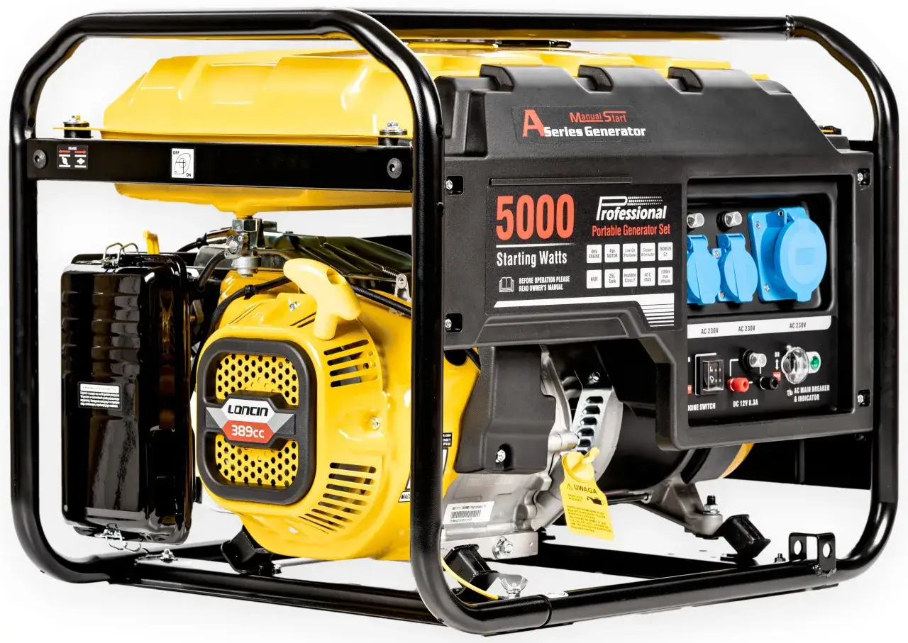 Żółty agregat prądotwórczy Loncin 5000 W z silnikiem 389cc, gotowy do pracy w trudnych warunkach.