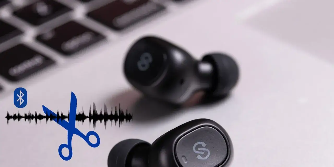 Słuchawki bezprzewodowe na tle klawiatury. Symbol Bluetooth i nożyczki przecinające falę dźwiękową sugerują, że dźwięk przez bluetooth przerywa android.