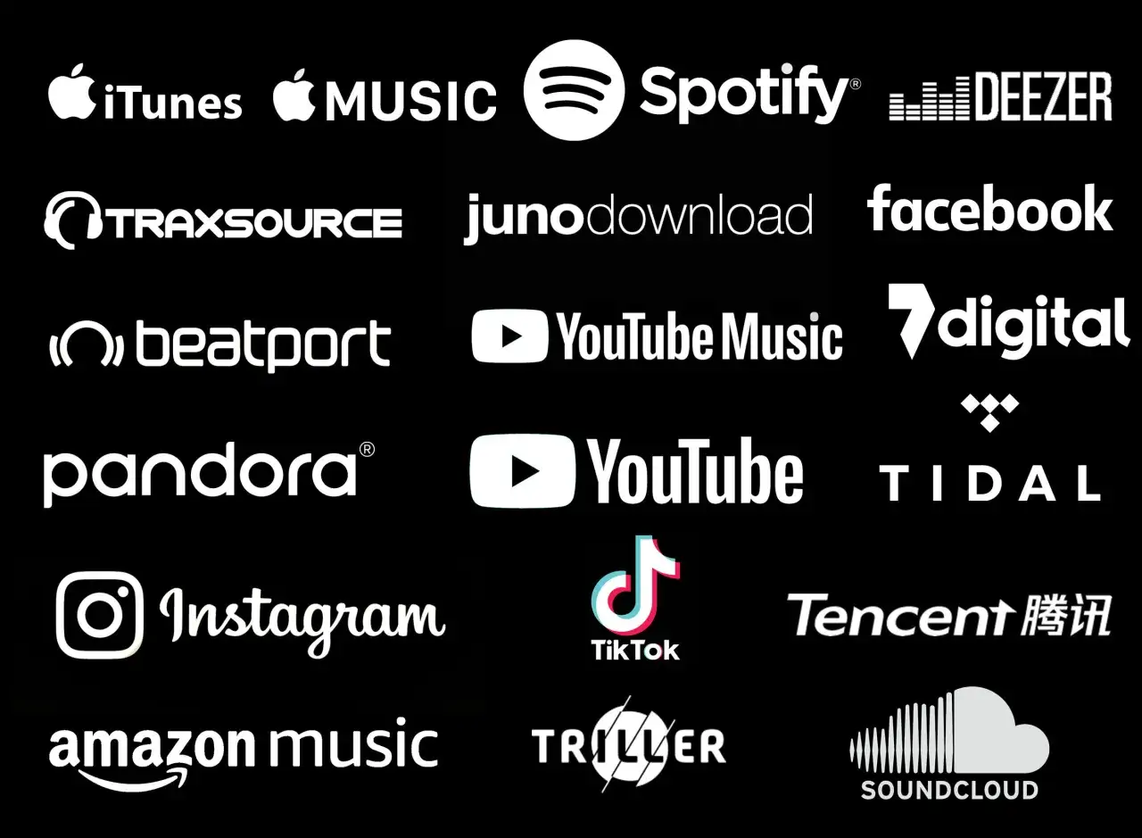 Logos de plateformes musicales : iTunes, Spotify, Deezer, Beatport, YouTube Music, Tidal, Amazon Music, SoundCloud. Id&eacute;al pour cr&eacute;er un label de musique en ligne.