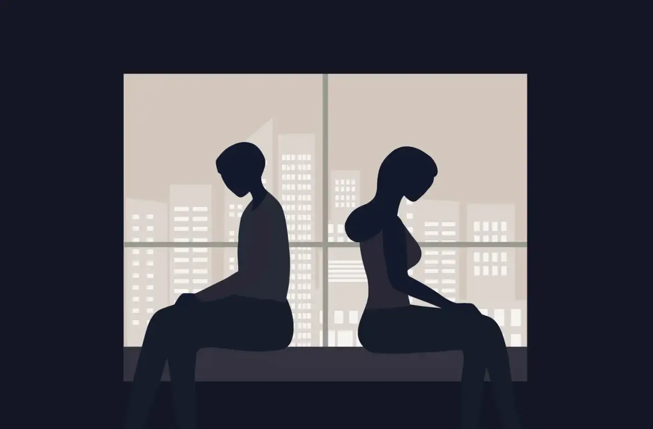 Silhouettes d'un homme et d'une femme assis dos à dos, symbolisant la distance émotionnelle. L'homme, un pervers narcissique, semble indifférent, tandis que la femme est visiblement affectée.