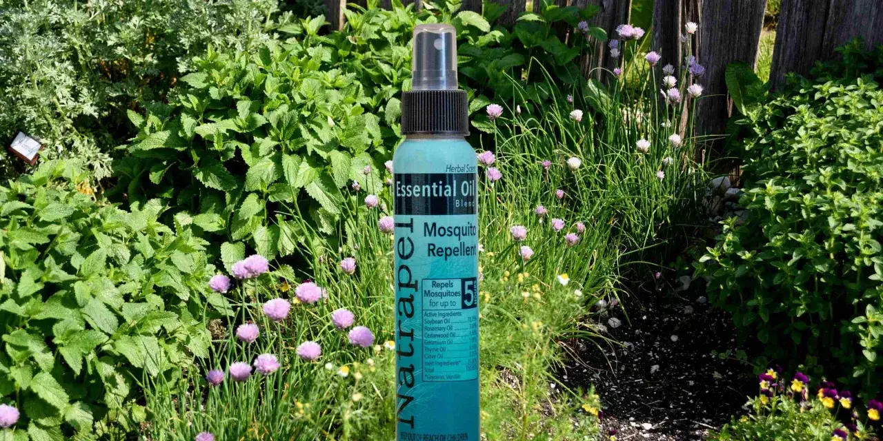 Wybierasz, jaki olejek na komary? Spray Natrapel z olejkami eterycznymi w otoczeniu ziół i kwiatów.