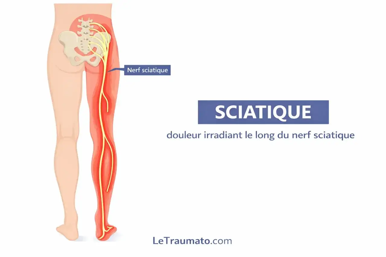 Illustration anatomique montrant le trajet du nerf sciatique, source d'une douleur irradiante. La sciatique chronique invalidante peut affecter la qualité de vie.