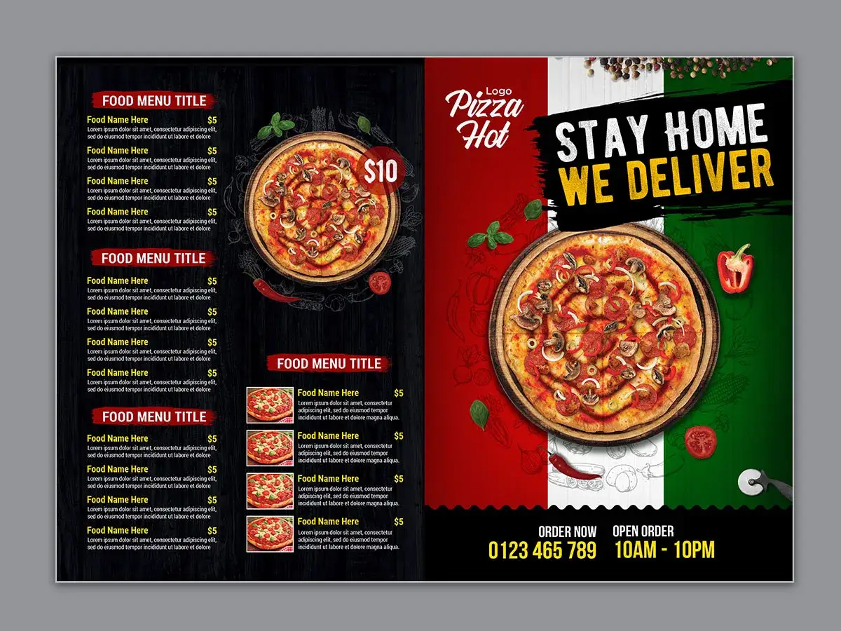 Menu z oryginalnymi nazwami pizzy i danymi kontaktowymi. Zamów pizzę i zostań w domu!