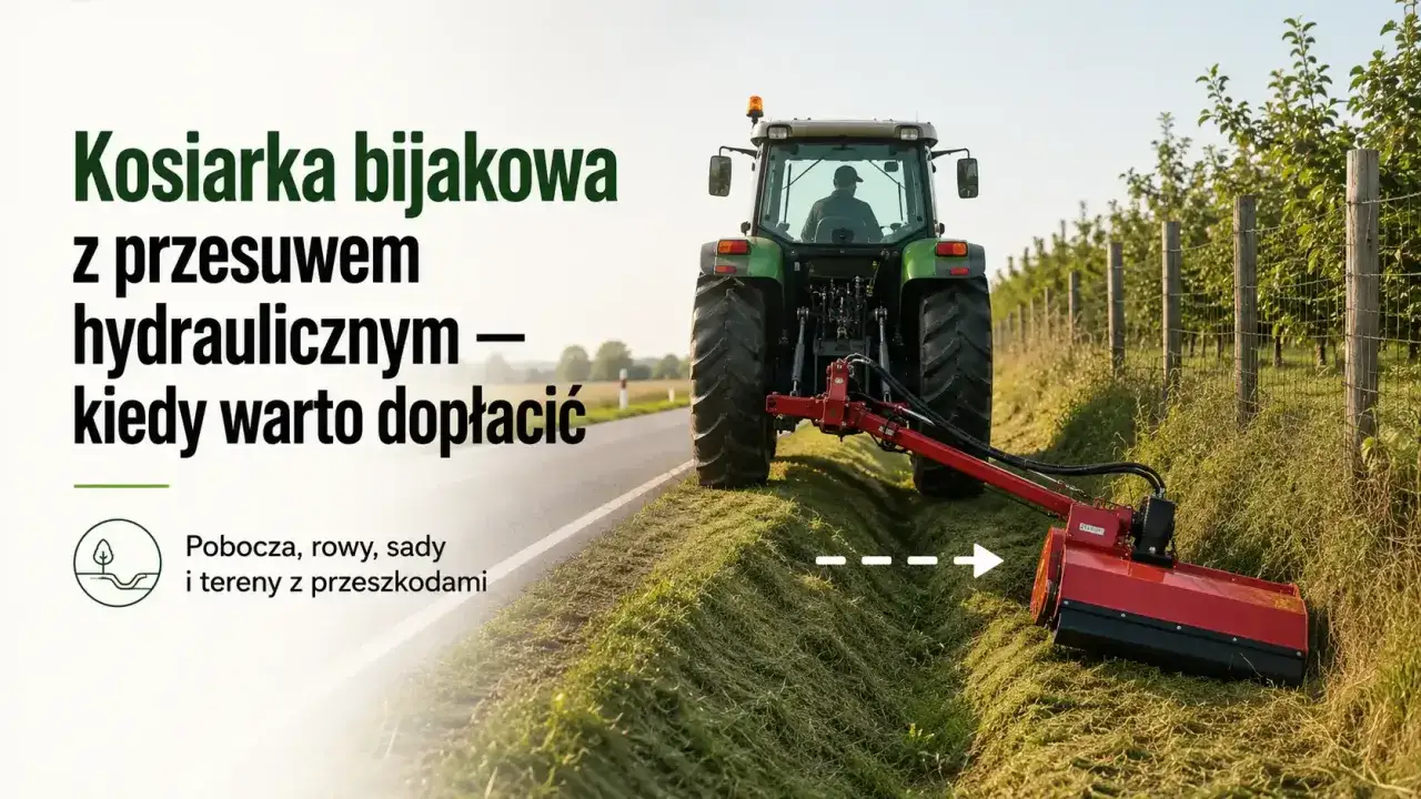 Traktor z kosiarką bijakową z przesuwem hydraulicznym, idealny dla producenta kosiarek do pracy przy poboczach, rowach i sadach.