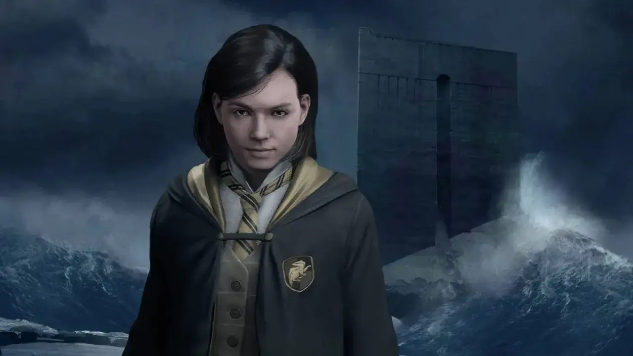 Młoda czarodziejka z Hogwart Legacy Hufflepuff, w ciemnej szacie z herbem, na tle burzliwego morza i tajemniczej budowli.