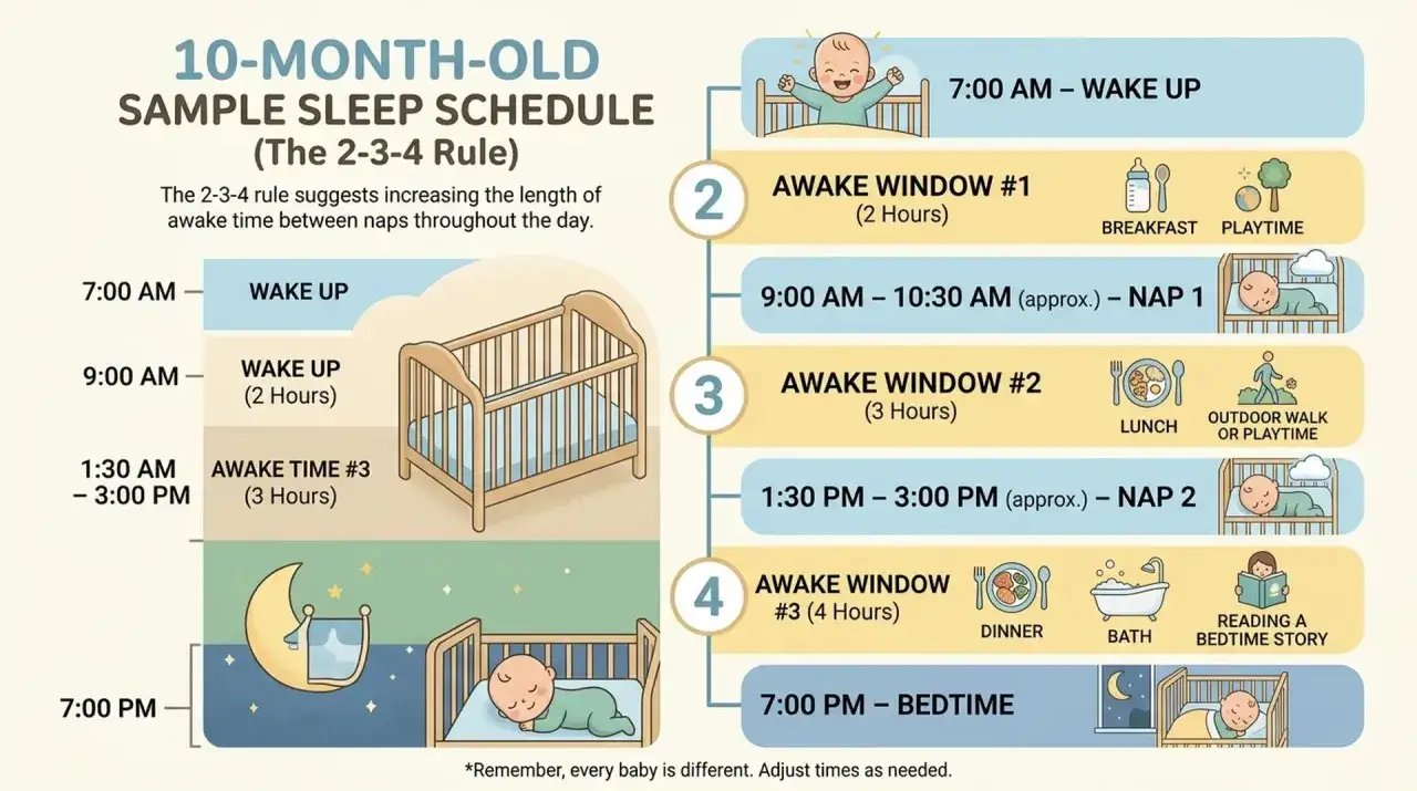 Horario de rutina bebe 10 meses: despertar 7 AM, siestas y ventanas de juego de 2, 3 y 4 horas, cena, baño y cuento antes de dormir a las 7 PM.