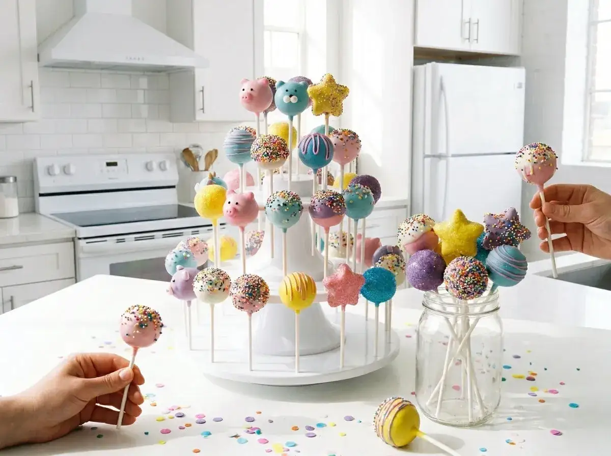 Bunte Kuchen am Stiel in Tier- und Sternformen, dekoriert mit Streuseln, stehen auf einem weißen Ständer und in einem Glas.
