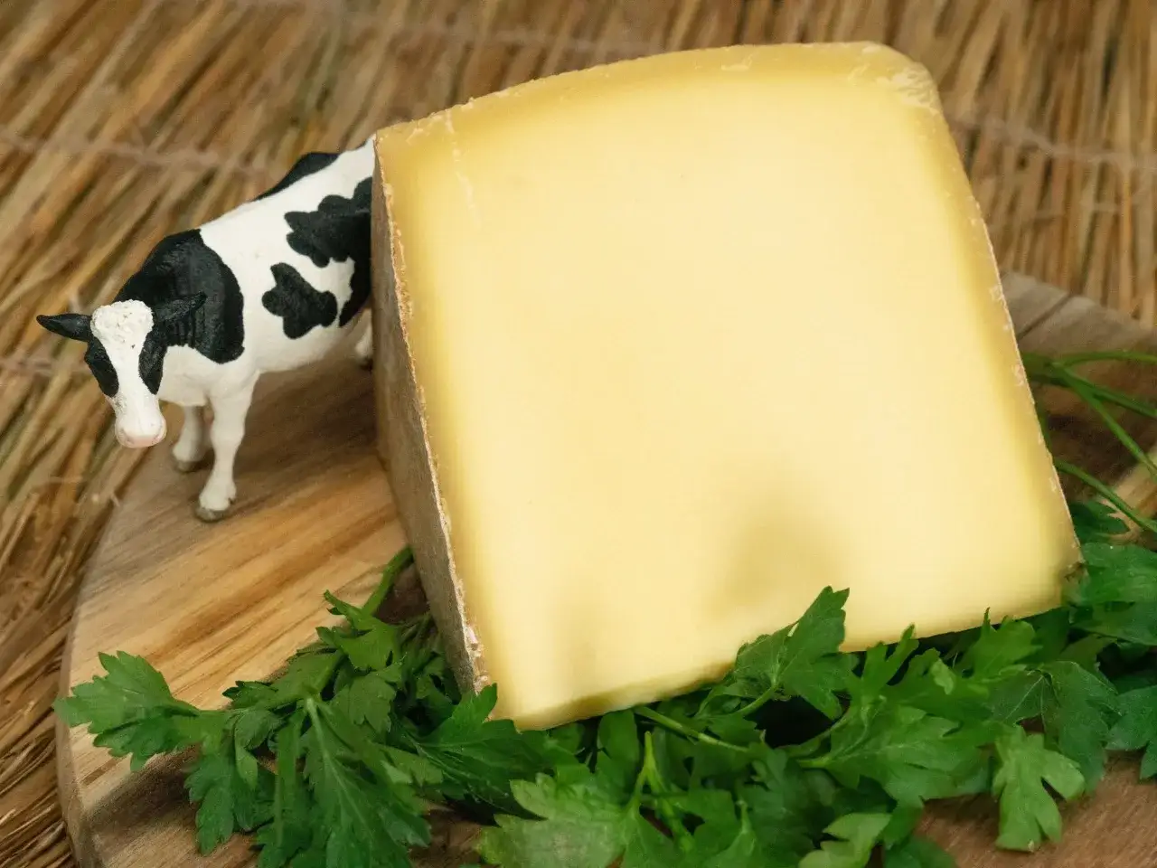 Un morceau de fromage jaune, avec une petite vache noire et blanche à côté. Le **fromage la dent du chat origine** est présenté sur un plateau en bois avec du persil frais.