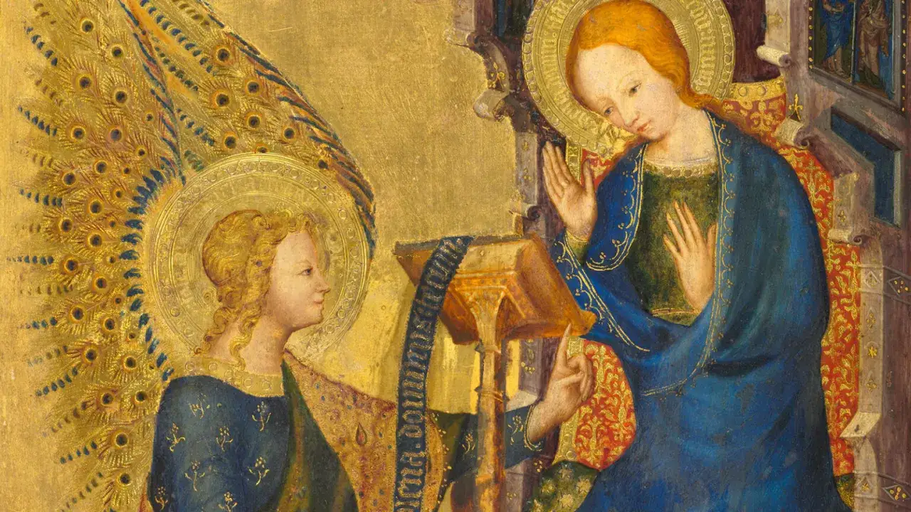 Anioł z pawimi piórami zwiastuje Maryi. Scena przypomina o tajemnicach różańca sobota.