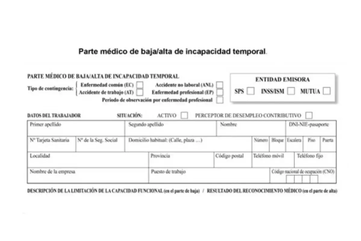 Parte m&eacute;dico de incapacidad temporal. Detalla datos del trabajador, tipo de contingencia y situaci&oacute;n, relevante para retenciones IRPF estando de baja.