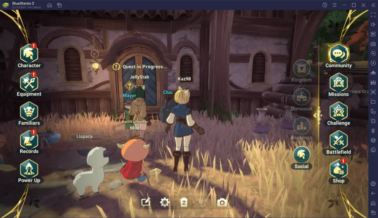 Postacie z gry Ni no kuni cross worlds stoją przed budynkiem, czekając na zadanie.