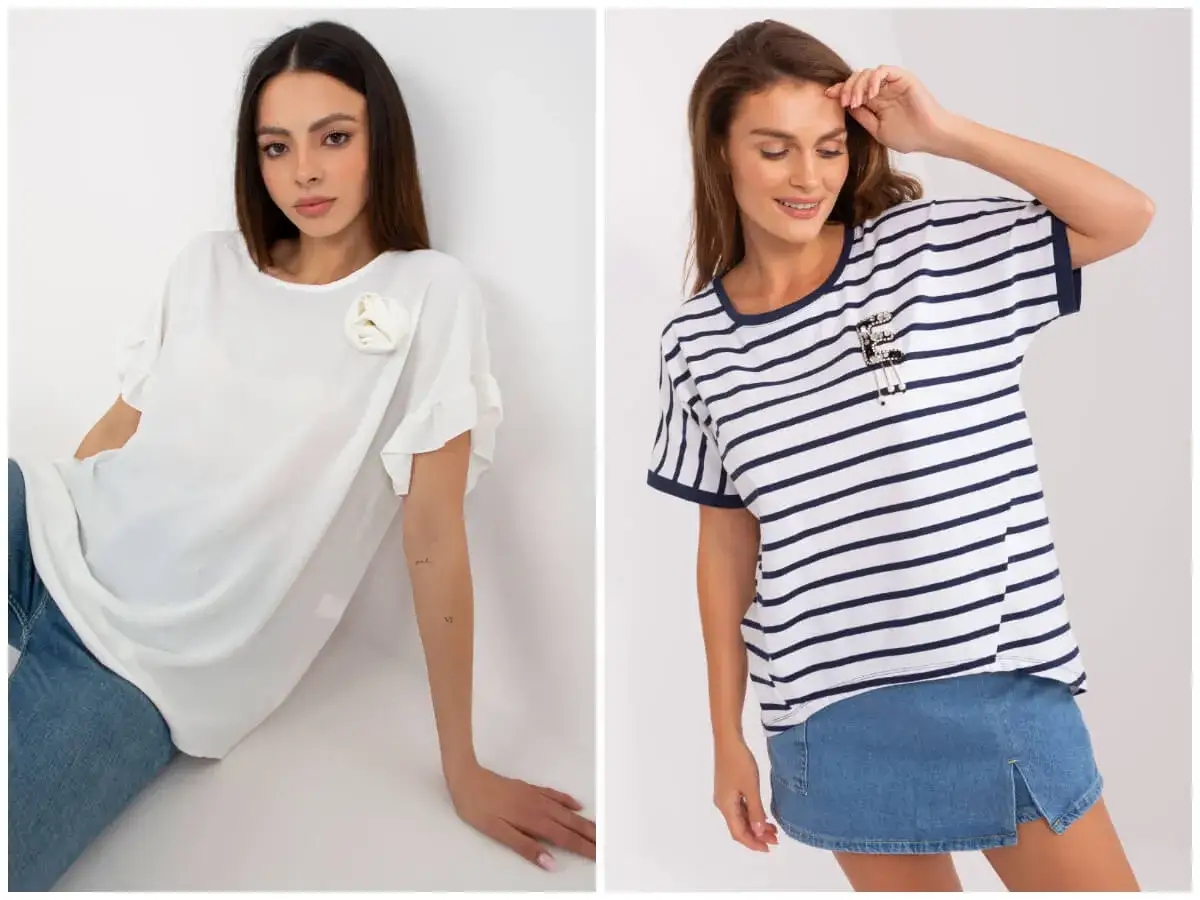 Dwie stylowe włoskie bluzki oversize: biała z ozdobnym kwiatem i falbankami oraz granatowo-biała w paski z broszką.