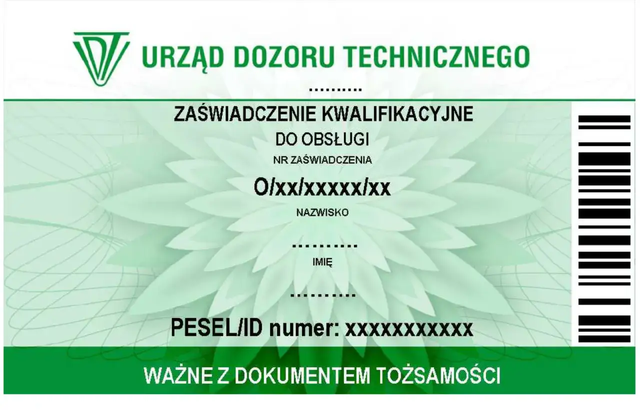 Zaświadczenie kwalifikacyjne Urzędu Dozoru Technicznego, ważne dla przedłużenia uprawnień UDT. Zawiera dane osobowe i numer identyfikacyjny.