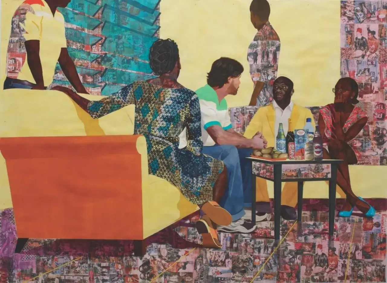 Njideka Akunyili Crosby pinta una reuni&oacute;n familiar con refrescos y frutas.
