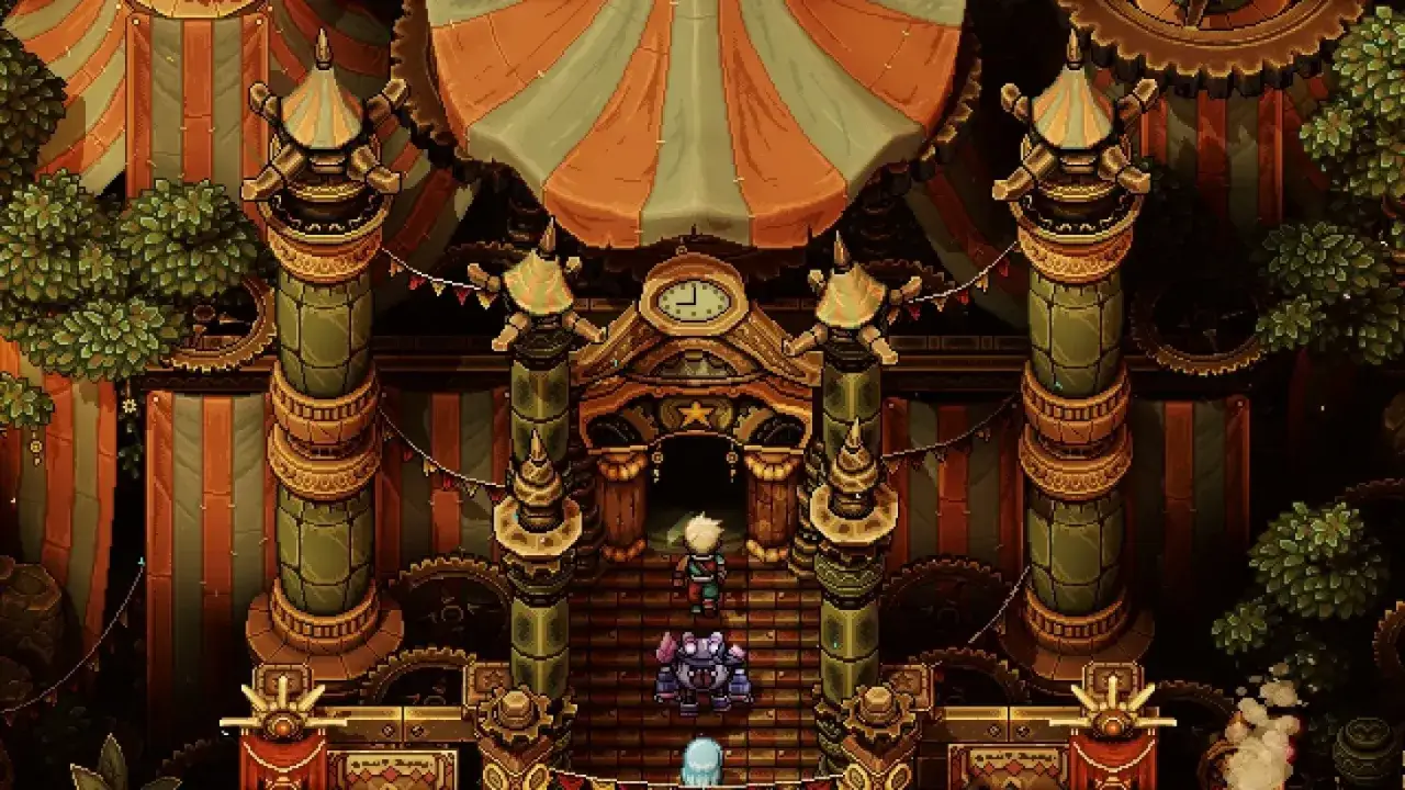 Un personaje se acerca a una entrada de circo con un reloj y engranajes, como en el **sea of stars dlc**.
