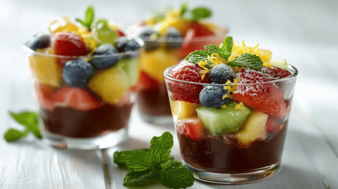Trois coupes de salade de fruits color&eacute;e, garnies de menthe fra&icirc;che et de zeste de citron, reposent sur une table en bois blanc.