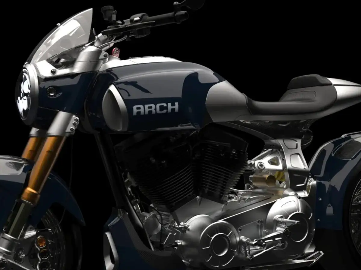 Elegancki motocykl Arch w kolorze granatowym z chromowanymi detalami. Poznaj jego cenę i specyfikację.