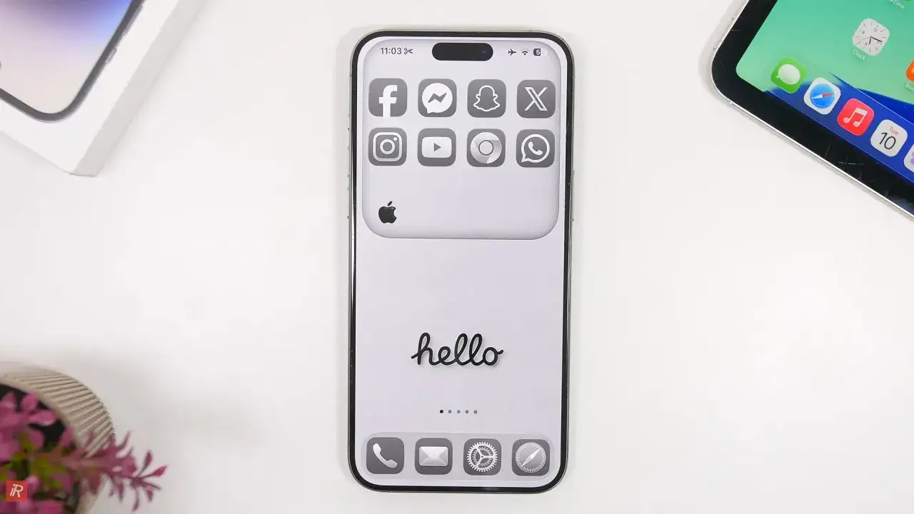 Un iPhone avec une application pour organiser son t&eacute;l&eacute;phone, affichant des ic&ocirc;nes de r&eacute;seaux sociaux et le mot 