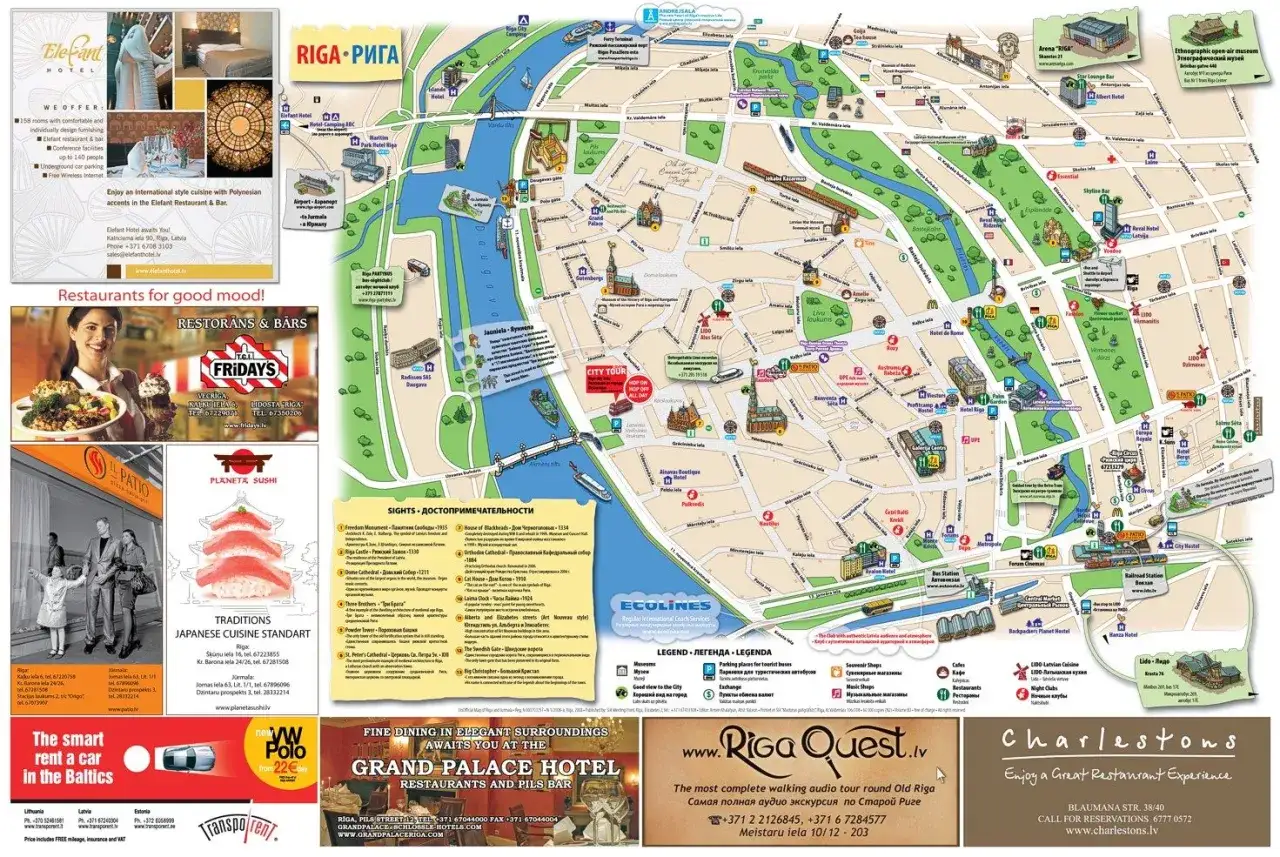 Mapa Rygi z zaznaczonymi atrakcjami, restauracjami i hotelami. Zobacz, co warto zobaczyć w Rydze!