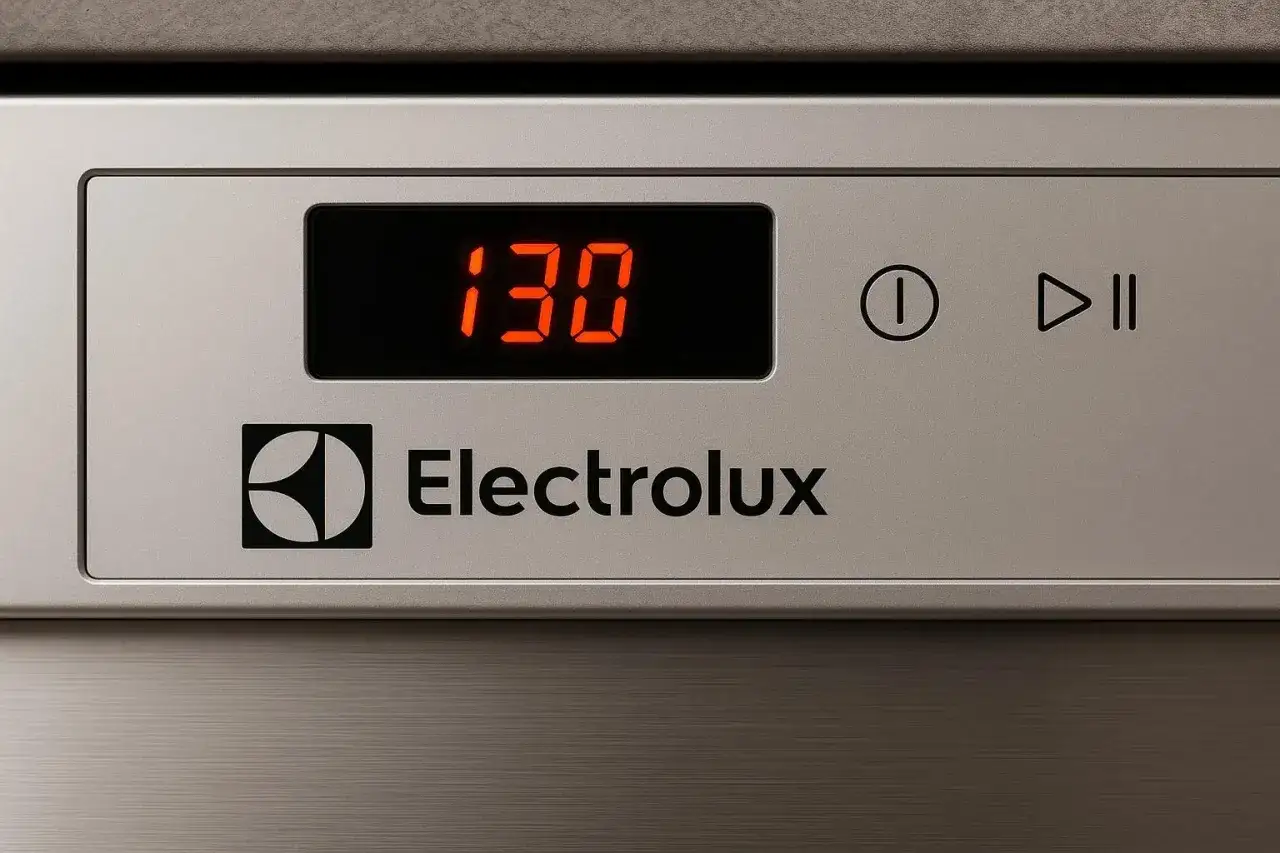 Panel zmywarki Electrolux. Wyświetlacz pokazuje 