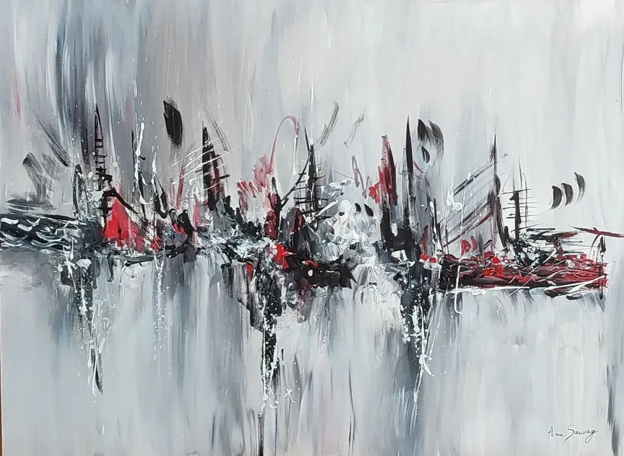 Tableau rouge noir gris moderne abstrait évoquant une ville ou des voiliers. Reflets sur l'eau.