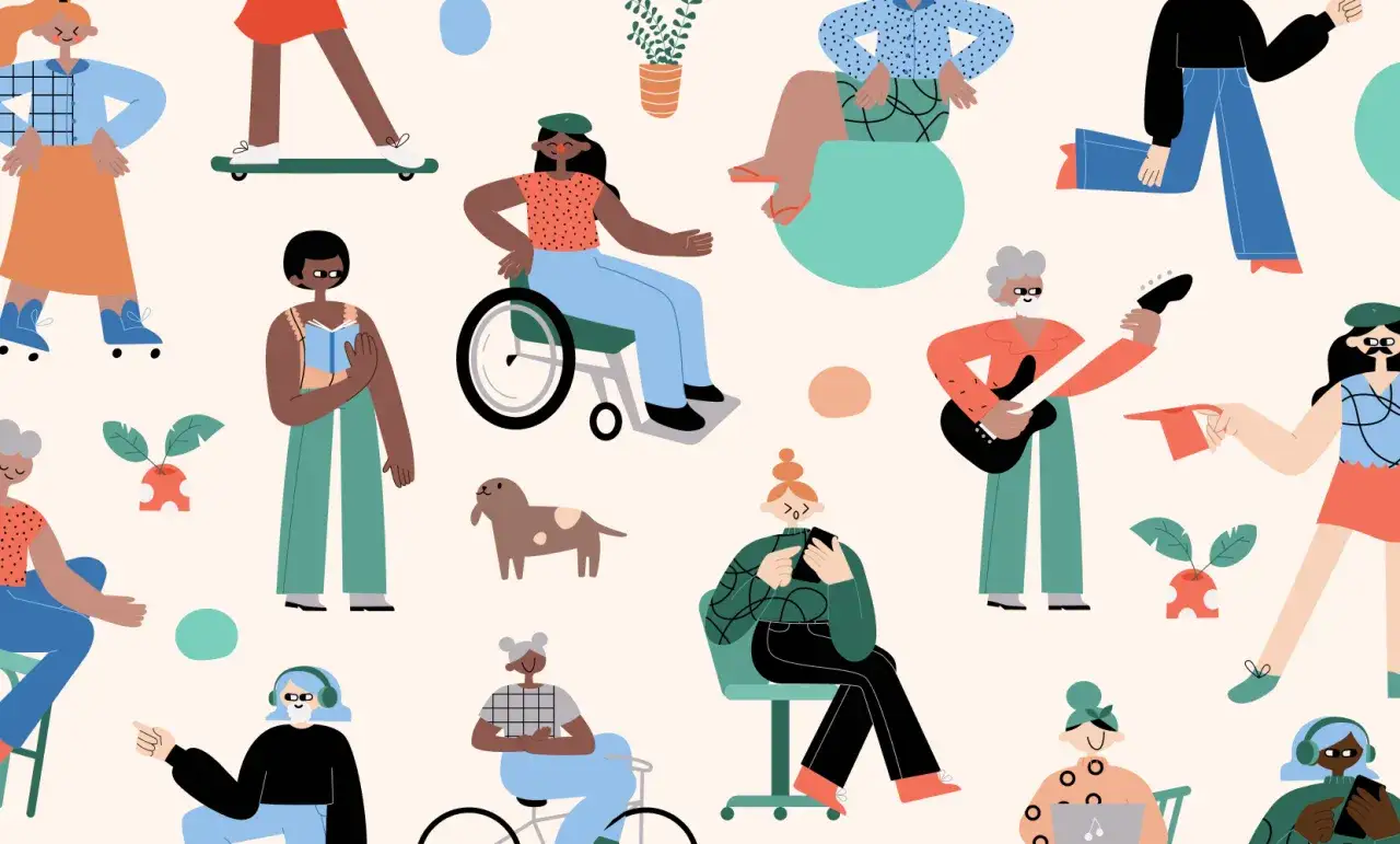 Vibrant art graphic design examples showcasing diverse people enjoying various activities, from rollerblading and playing guitar to reading and using technology.