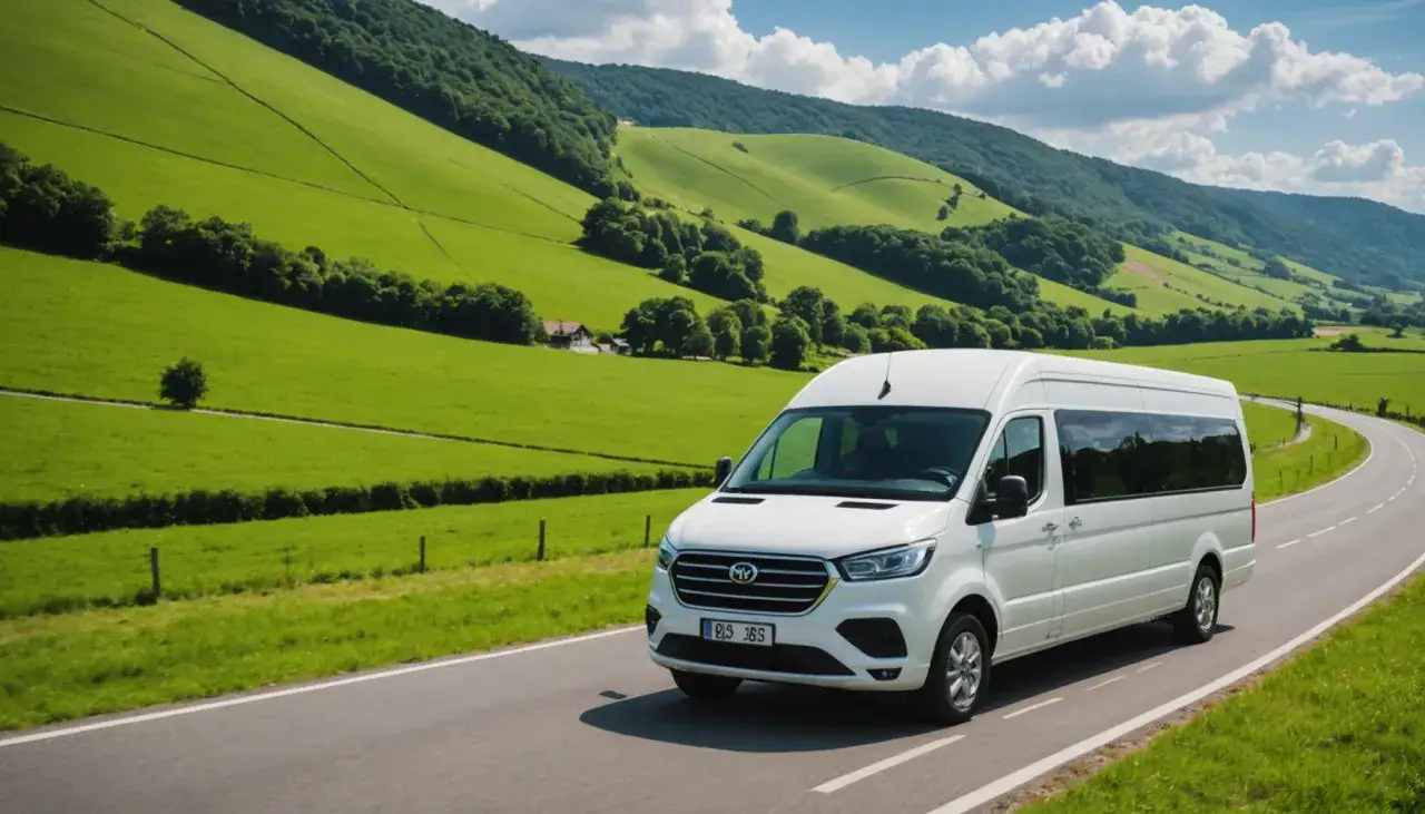 Van blanc sur route de campagne, évoquant la réglementation transport de personnes moins de 9 places. Paysage verdoyant et vallonné.