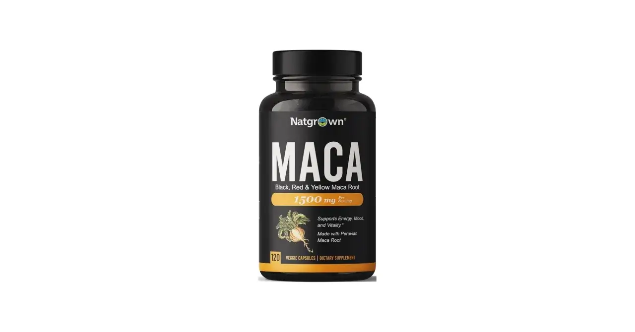 Bote de maca Natgrown, 1500 mg por porción. Un hipertenso puede tomar maca para apoyar energía y vitalidad.