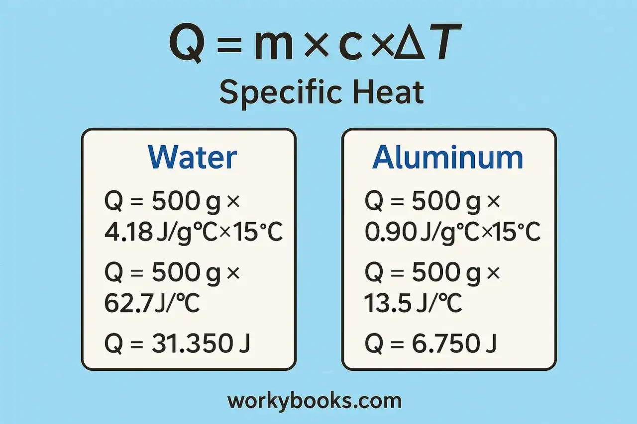 La fórmula del calor específico se ilustra con ejemplos de agua y aluminio, mostrando cómo calcular la energía necesaria para cambiar su temperatura.