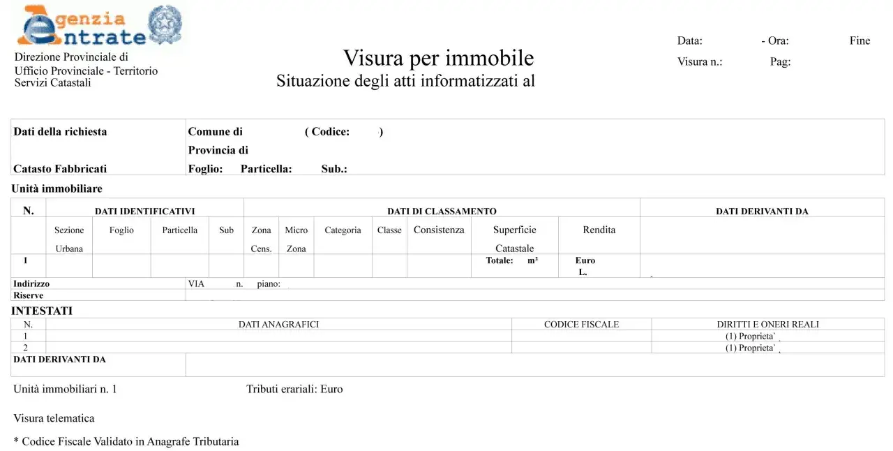 Visura catastale di un immobile con dati identificativi, di classamento e derivanti. Categoria B1.