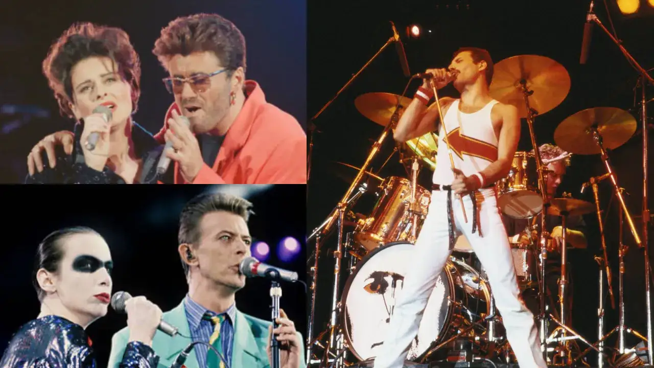Freddie Mercury na koncercie Queen, obok niego George Michael i David Bowie. Wspomnienie artystów, kiedy zmarł Freddie Mercury.
