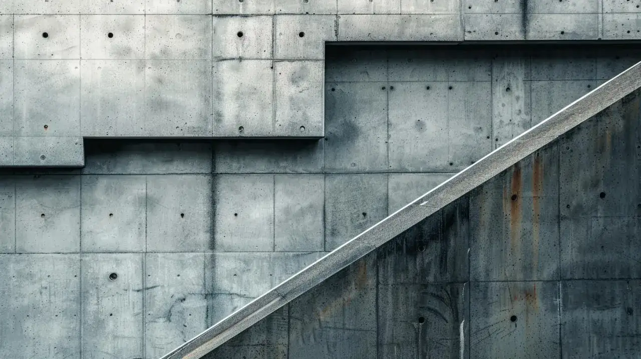 Surowa ściana z betonu architektonicznego, z widocznymi niedoskonałościami i śladami rdzy. Chudy beton tworzy geometryczne kształty i schody.