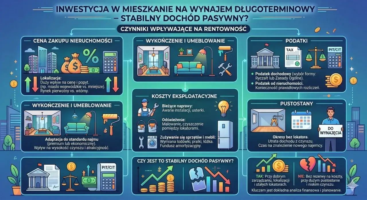 Inwestycja w mieszkanie na wynajem długoterminowy: czynniki wpływające na rentowność, podatki, koszty eksploatacyjne, pustostany. Kluczem jest analiza finansowa.
